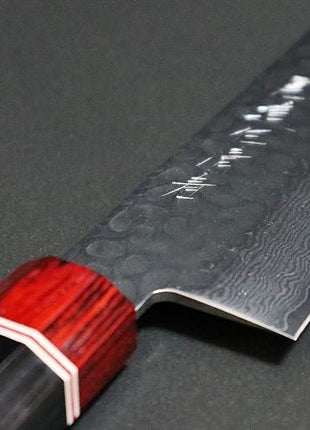 [Santoku Knife] Damascus 180mm Black and Red Plywood Octagonal Handle