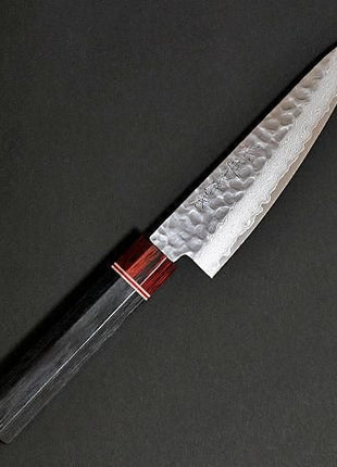Damascus Small Santoku Knife, 135mm, Black and Red Plywood with Octagonal Handle