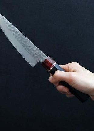 Damascus Small Santoku Knife, 135mm, Black and Red Plywood with Octagonal Handle