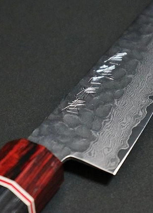 Damascus Small Santoku Knife, 135mm, Black and Red Plywood with Octagonal Handle