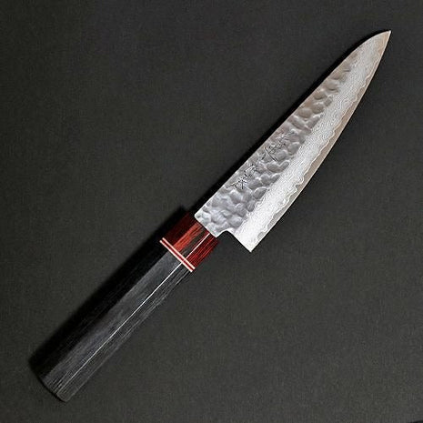 【三徳包丁】ダマスカス 小三徳 135mm 黒合板と赤合板の八角柄