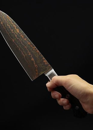 【三徳包丁】有色ダマスカス 177mm 黒赤合板B