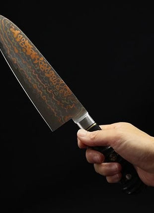【三徳包丁】有色ダマスカス 177mm 黒赤合板A