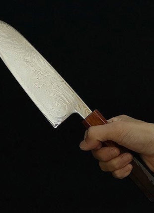 【三徳包丁】 ダマスカス 170mm 漆塗り八角柄 茶