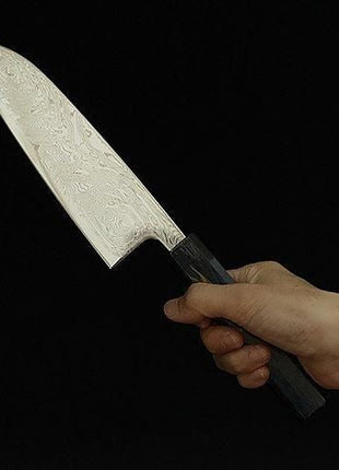 【三徳包丁】 ダマスカス 170mm 漆塗り八角柄 黒B