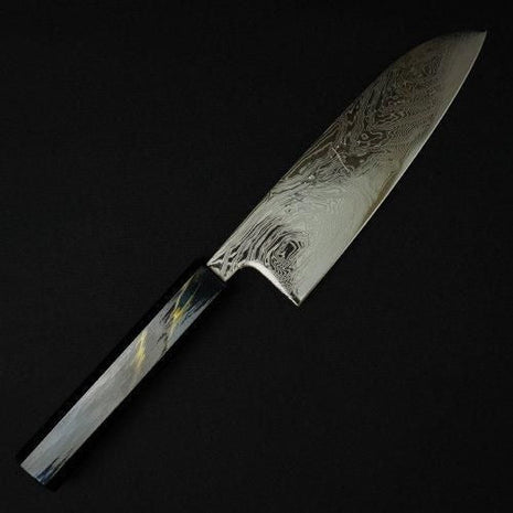 【三徳包丁】 ダマスカス 170mm 漆塗り八角柄 黒B