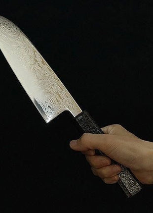 【三徳包丁】 ダマスカス 170mm 漆塗り八角柄 黒A