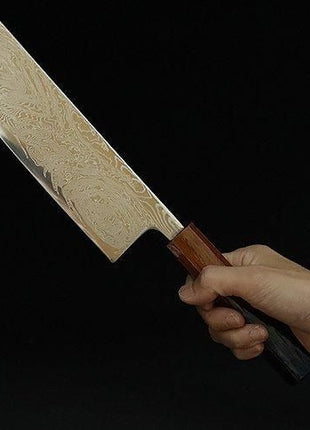 【葉切包丁】ダマスカス 165mm 漆塗り八角柄 茶