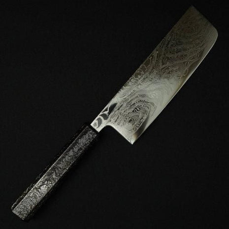 【葉切包丁】ダマスカス 165mm 漆塗り八角柄 黒A