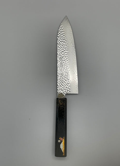 【三徳包丁】槌目ダマスカス 185mm 漆塗り柄　富士山と桜