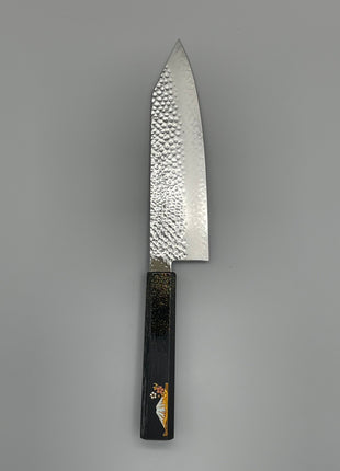 【切付包丁】槌目ダマスカス 185mm 漆塗り柄　富士山と桜