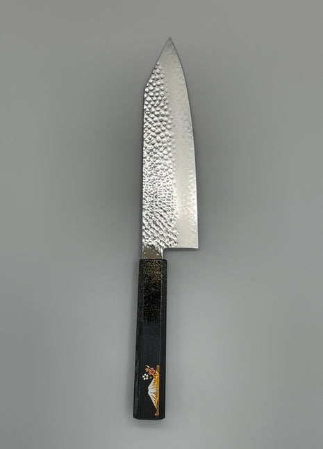 【切付包丁】槌目ダマスカス 185mm 漆塗り柄　富士山と桜