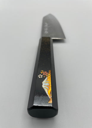 【切付包丁】槌目ダマスカス 185mm 漆塗り柄　富士山と桜