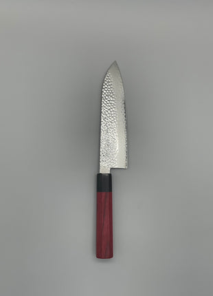 【三徳包丁】槌目ダマスカス 185mm 黒合板と赤合板の八角柄