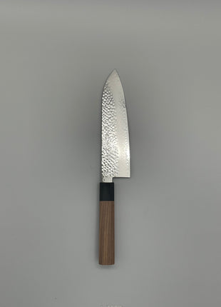 【三徳包丁】槌目ダマスカス 185mm 黒合板とくるみの八角柄