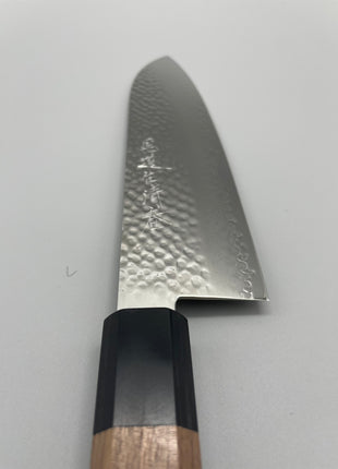 【三徳包丁】槌目ダマスカス 185mm 黒合板とくるみの八角柄