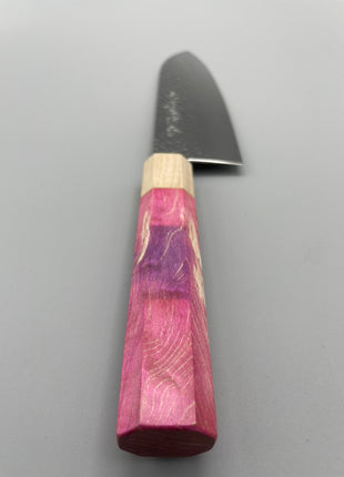 【三徳包丁】槌目ダマスカス 185mm メープルとスタビライズドウッド（ピンク）八角柄