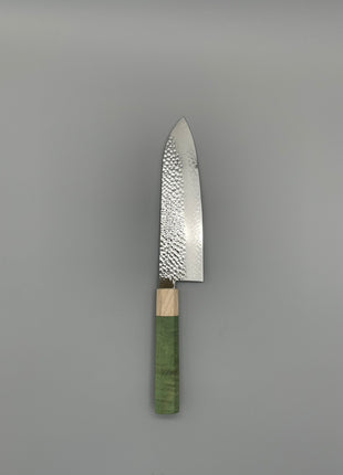 【三徳包丁】槌目ダマスカス 185mm メープルとスタビライズドウッド（グリーン）八角柄