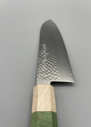 【三徳包丁】槌目ダマスカス 185mm メープルとスタビライズドウッド（グリーン）八角柄