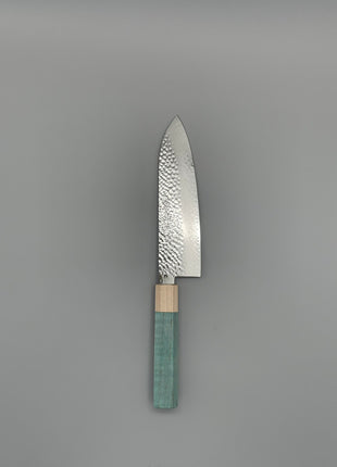 【三徳包丁】槌目ダマスカス 185mm メープルとスタビライズドウッド（ブルー）八角柄