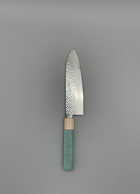 【三徳包丁】槌目ダマスカス 185mm メープルとスタビライズドウッド（ブルー）八角柄
