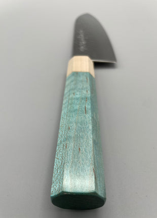 【三徳包丁】槌目ダマスカス 185mm メープルとスタビライズドウッド（ブルー）八角柄
