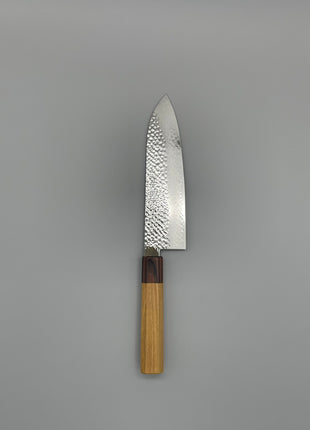 【三徳包丁】槌目ダマスカス 185mm マホガニーとけやき八角柄
