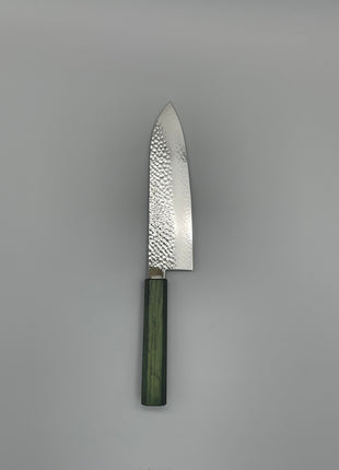 【三徳包丁】槌目ダマスカス 185mm 漆塗り（緑漆）八角柄