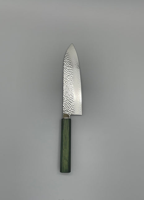 【三徳包丁】槌目ダマスカス 185mm 漆塗り（緑漆）八角柄