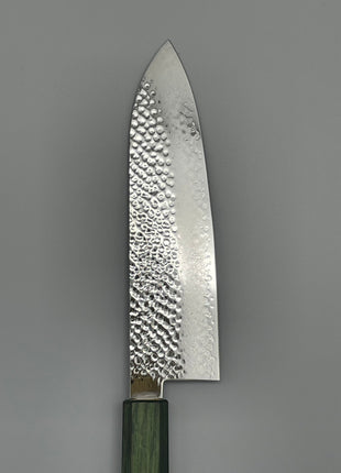 【三徳包丁】槌目ダマスカス 185mm 漆塗り（緑漆）八角柄