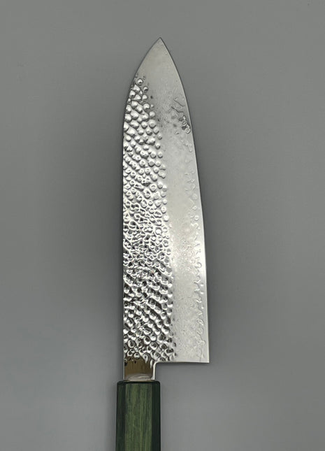 【三徳包丁】槌目ダマスカス 185mm 漆塗り（緑漆）八角柄