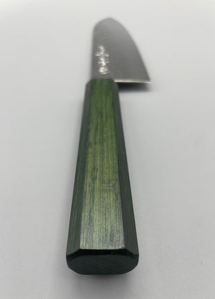【三徳包丁】槌目ダマスカス 185mm 漆塗り（緑漆）八角柄