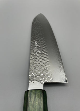 【三徳包丁】槌目ダマスカス 185mm 漆塗り（緑漆）八角柄