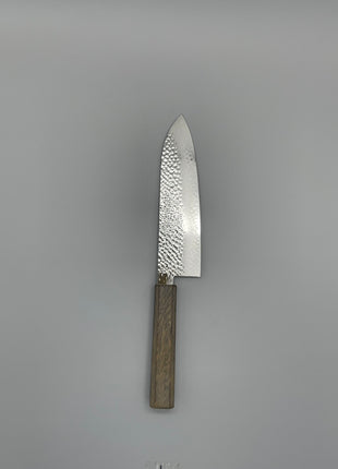【三徳包丁】槌目ダマスカス 185mm 漆塗り（透木目）八角柄