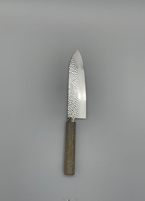 【三徳包丁】槌目ダマスカス 185mm 漆塗り（透木目）八角柄