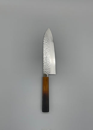 【三徳包丁】槌目ダマスカス 185mm 漆塗り（艶漆）八角柄
