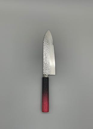 【三徳包丁】槌目ダマスカス 185mm 漆塗り（赤烈火黒）八角柄