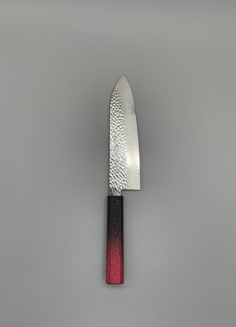【三徳包丁】槌目ダマスカス 185mm 漆塗り（赤烈火黒）八角柄