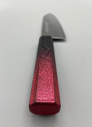 【三徳包丁】槌目ダマスカス 185mm 漆塗り（赤烈火黒）八角柄