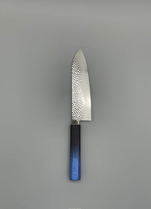 【三徳包丁】槌目ダマスカス 185mm 漆塗り（青烈火黒）八角柄