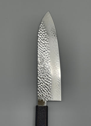 【三徳包丁】槌目ダマスカス 185mm 漆塗り（青烈火黒）八角柄