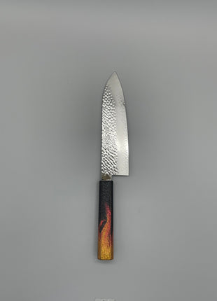 【三徳包丁】槌目ダマスカス 185mm 漆塗り（火炎漆）八角柄