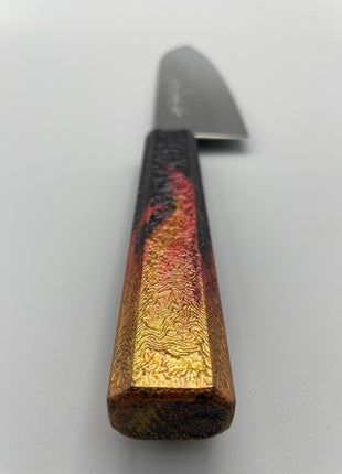 【三徳包丁】槌目ダマスカス 185mm 漆塗り（火炎漆）八角柄
