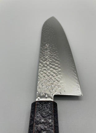 【三徳包丁】槌目ダマスカス 185mm 漆塗り（火炎漆）八角柄