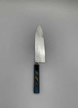 【三徳包丁】槌目ダマスカス 185mm 漆塗り（稲妻）八角柄