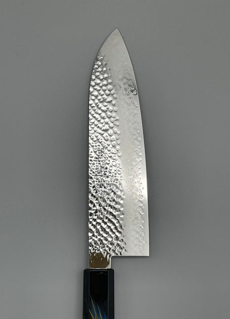 【三徳包丁】槌目ダマスカス 185mm 漆塗り（稲妻）八角柄
