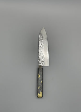 【三徳包丁】槌目ダマスカス 185mm 漆塗り（銀金箔）八角柄