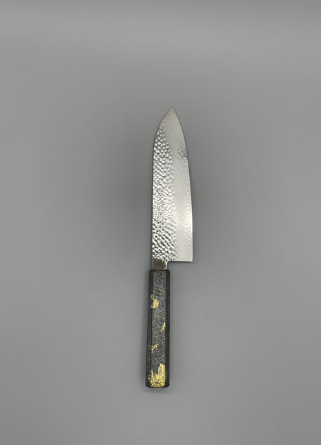 【三徳包丁】槌目ダマスカス 185mm 漆塗り（銀金箔）八角柄