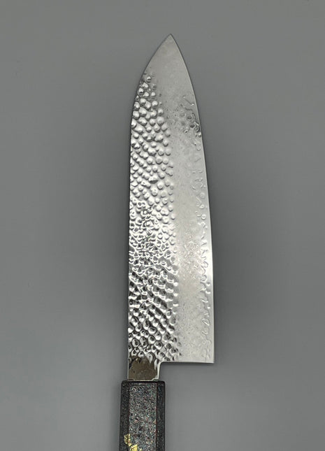 【三徳包丁】槌目ダマスカス 185mm 漆塗り（銀金箔）八角柄