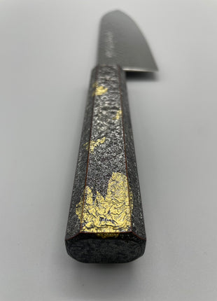【三徳包丁】槌目ダマスカス 185mm 漆塗り（銀金箔）八角柄